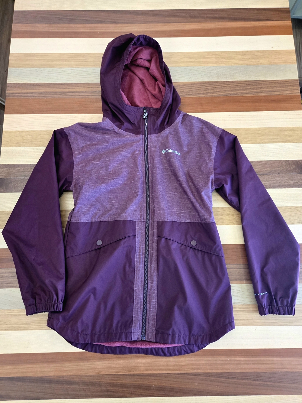 Columbia Girls' Rainy Trails Fleece Lined Two-Tone Plum Hooded Rain Jacket